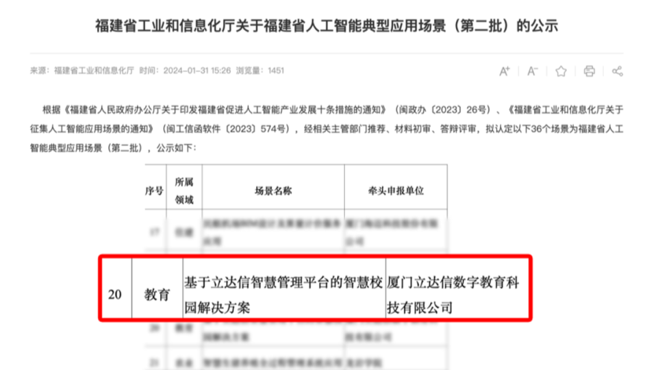 實(shí)力認(rèn)證！立達(dá)信數(shù)字教育方案入選福建省人工智能典型應(yīng)用場(chǎng)景